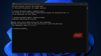 Windows command prompt with compactos command showing compression stats.