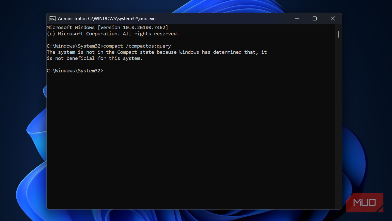 Windows command prompt with compactos command showing system not in compact state.