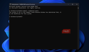 Windows command prompt with compactos command showing system not in compact state.