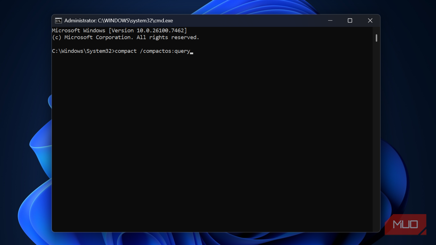 Windows command prompt with compactos command.