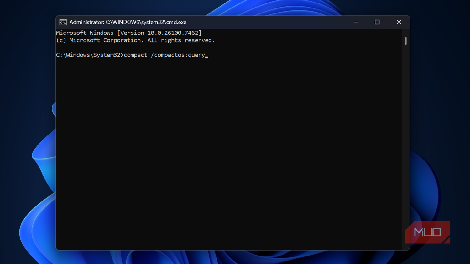 Windows command prompt with compactos command.