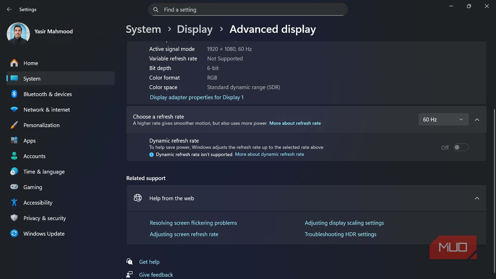 Windows Display settings showing display refresh rate.-1