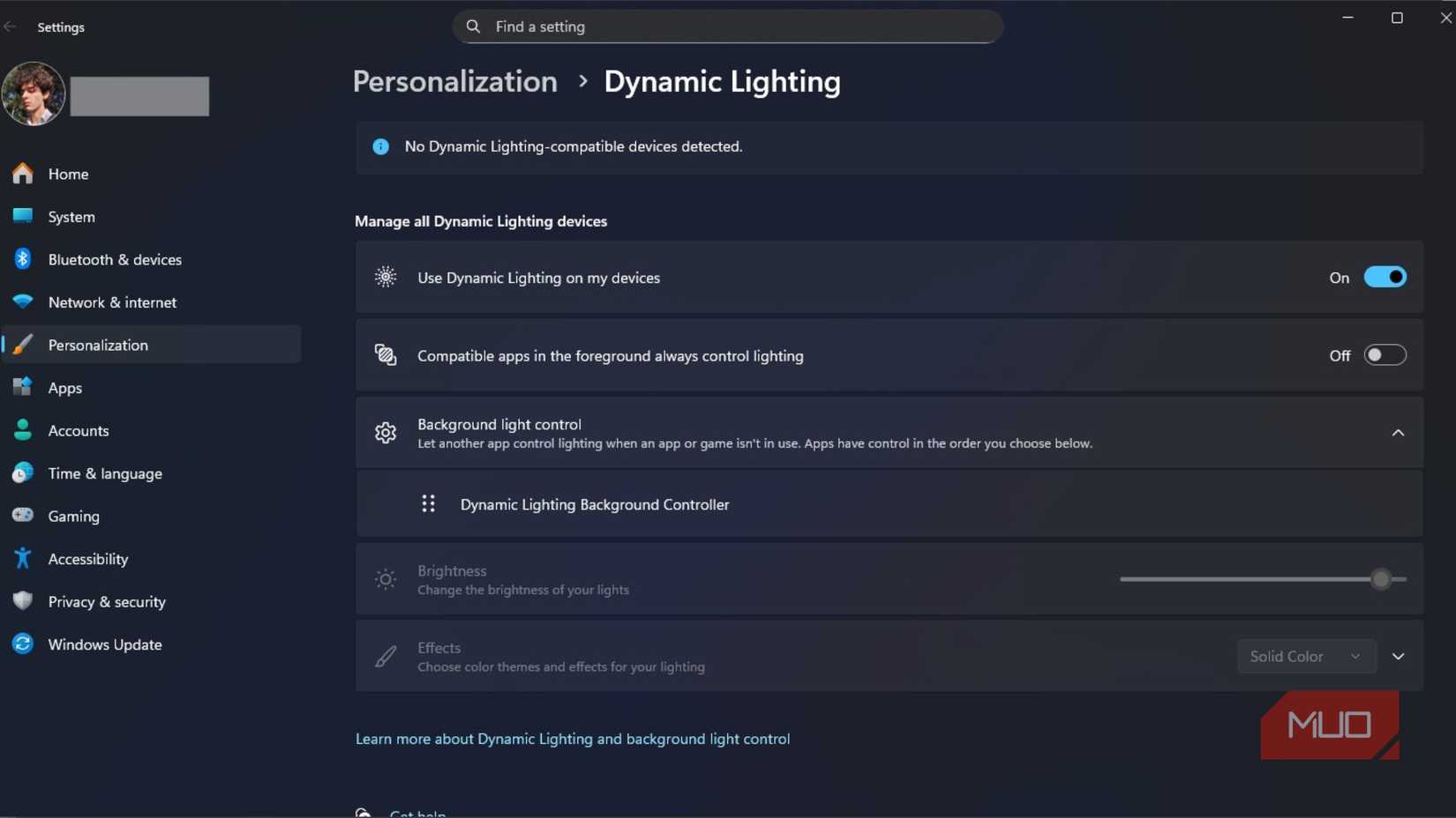 Windows dynamic lighting settings