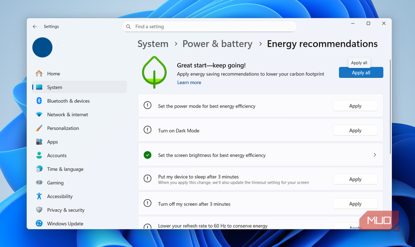 Windows energy recommendations in settings app