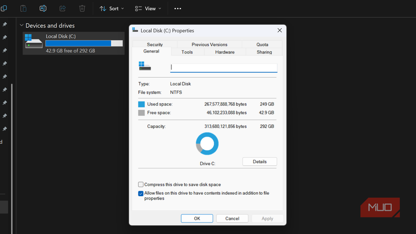 Windows local disk C properties showing 43GB free space.