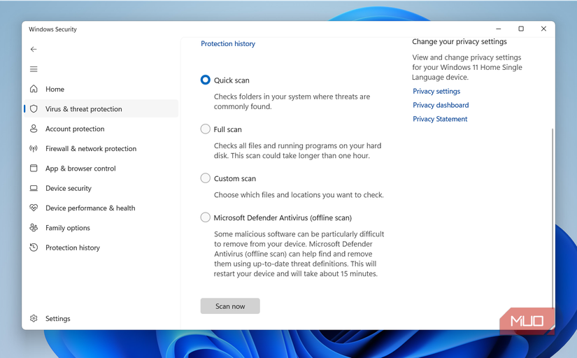 Windows Security showing scan options