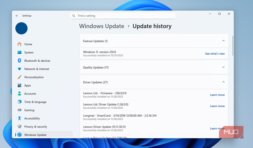 Windows Update history in Settings app