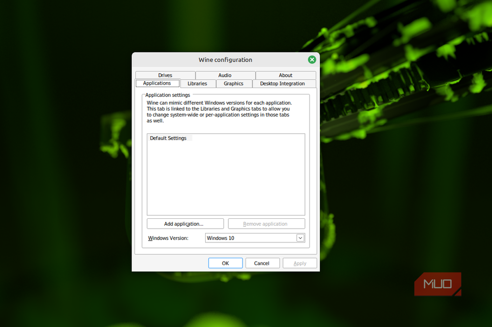 Wine configuration panel on Linux