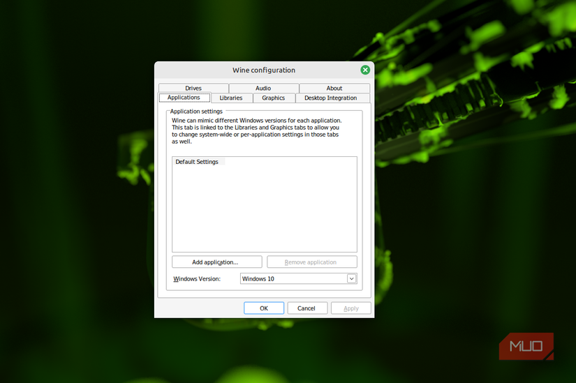 Wineの設定画面でWindowsアプリの互換性を調整する様子
