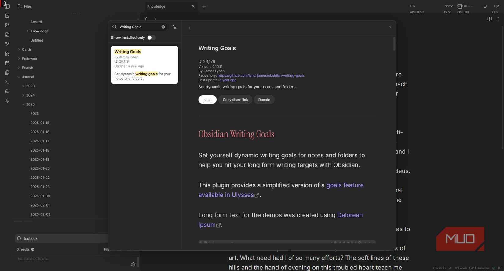 Writing Goals Obsidian plugin