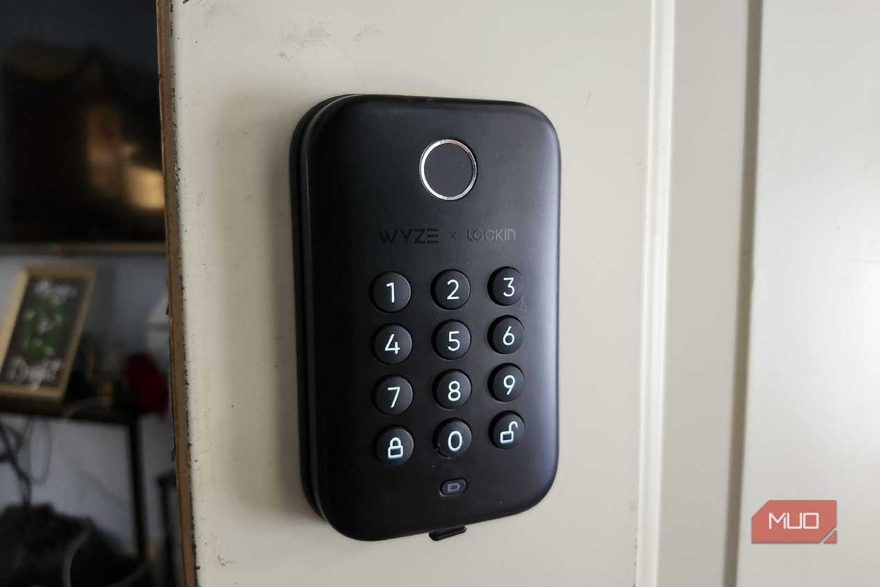 The Wyze lock from an angle, showing off the buttons and finger print reader