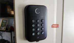 The Wyze lock from an angle, showing off the buttons and finger print reader