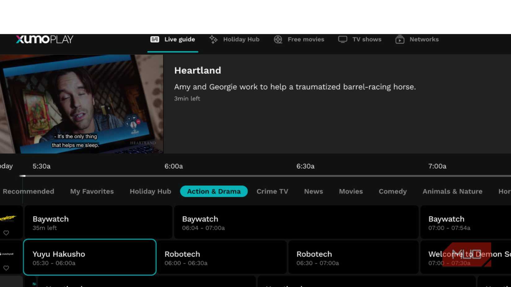 The channel guide for live TV on Xumo Play