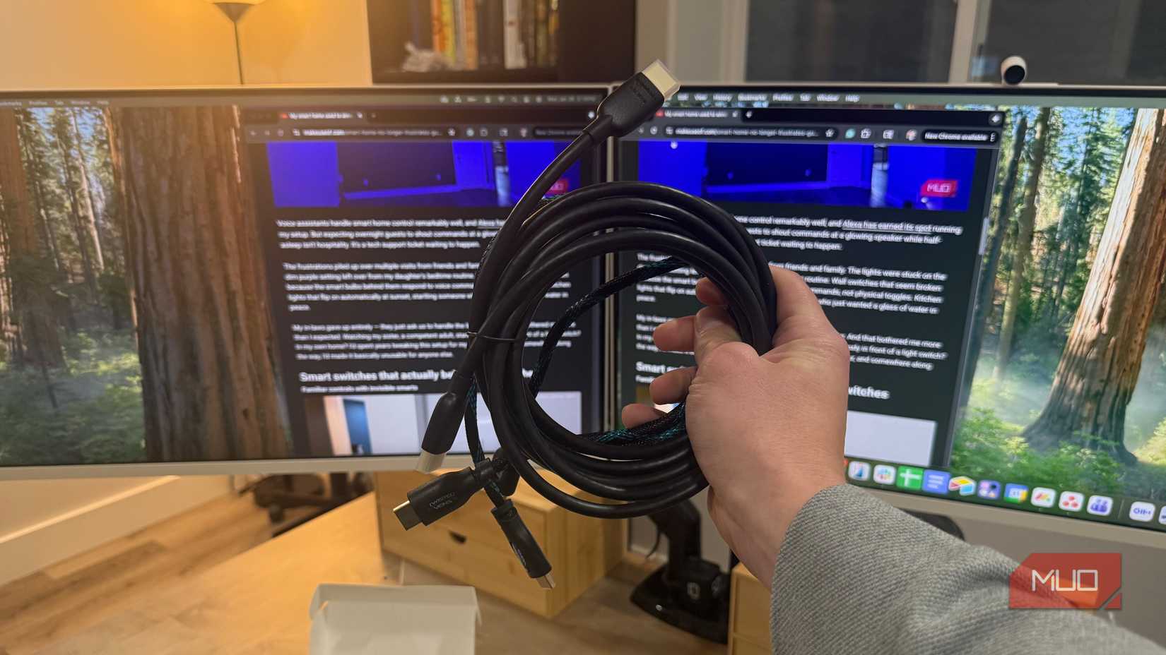3 hdmi cables in hand with 2 monitors in background