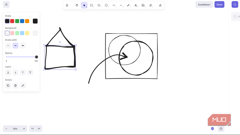 A house, Venn diagram and an arrow in Excalidraw.