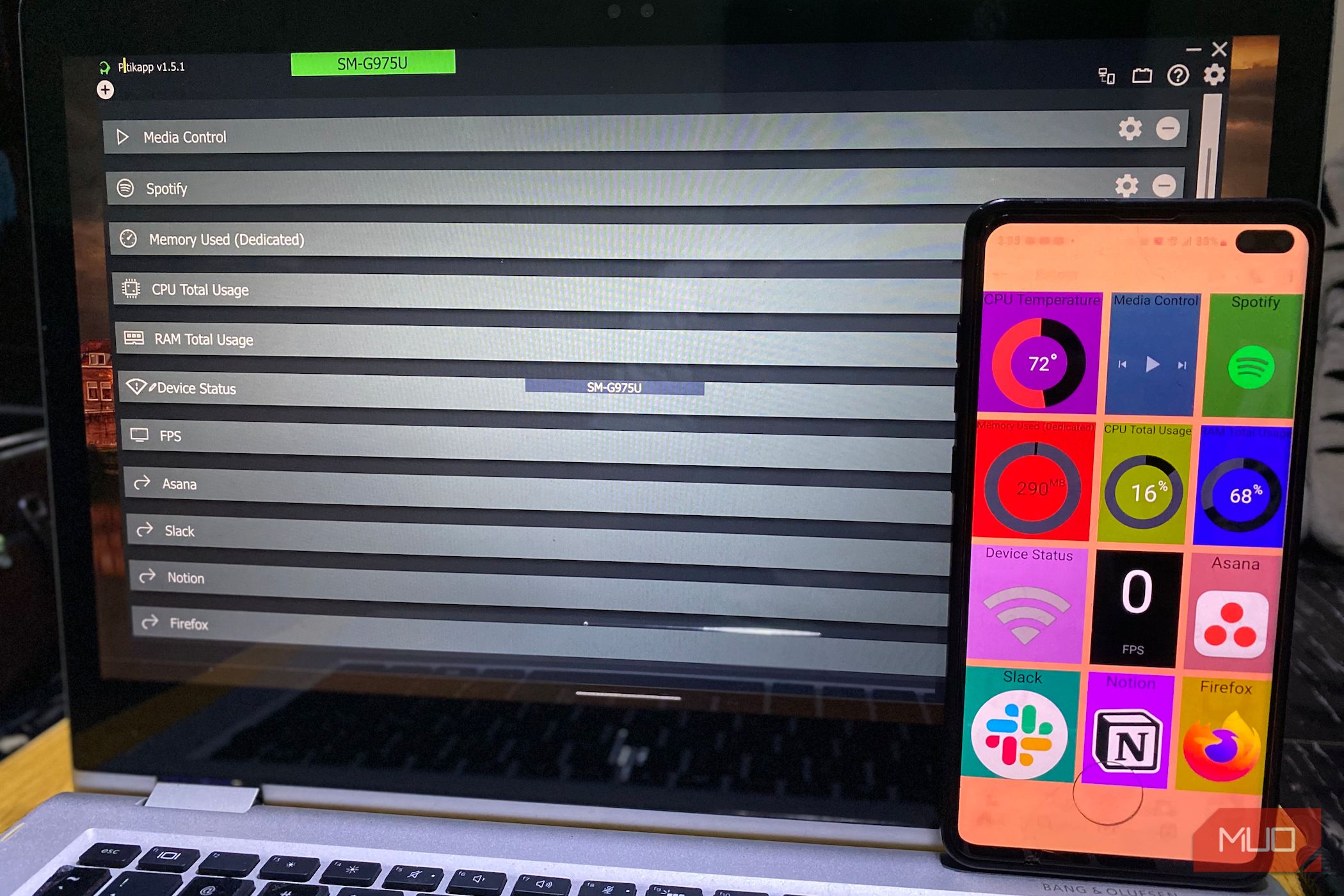 A smartphone running the Pitikapp mobile dashboard placed next to a laptop displaying the Pitikapp server interface.
