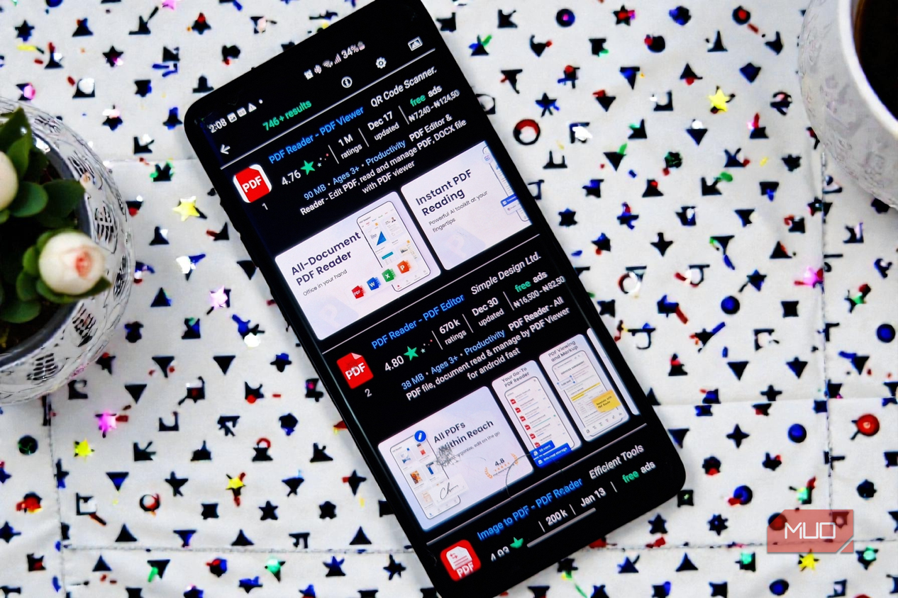 A smartphone screen displaying the App Finder advanced search results for PDF Reader applications.