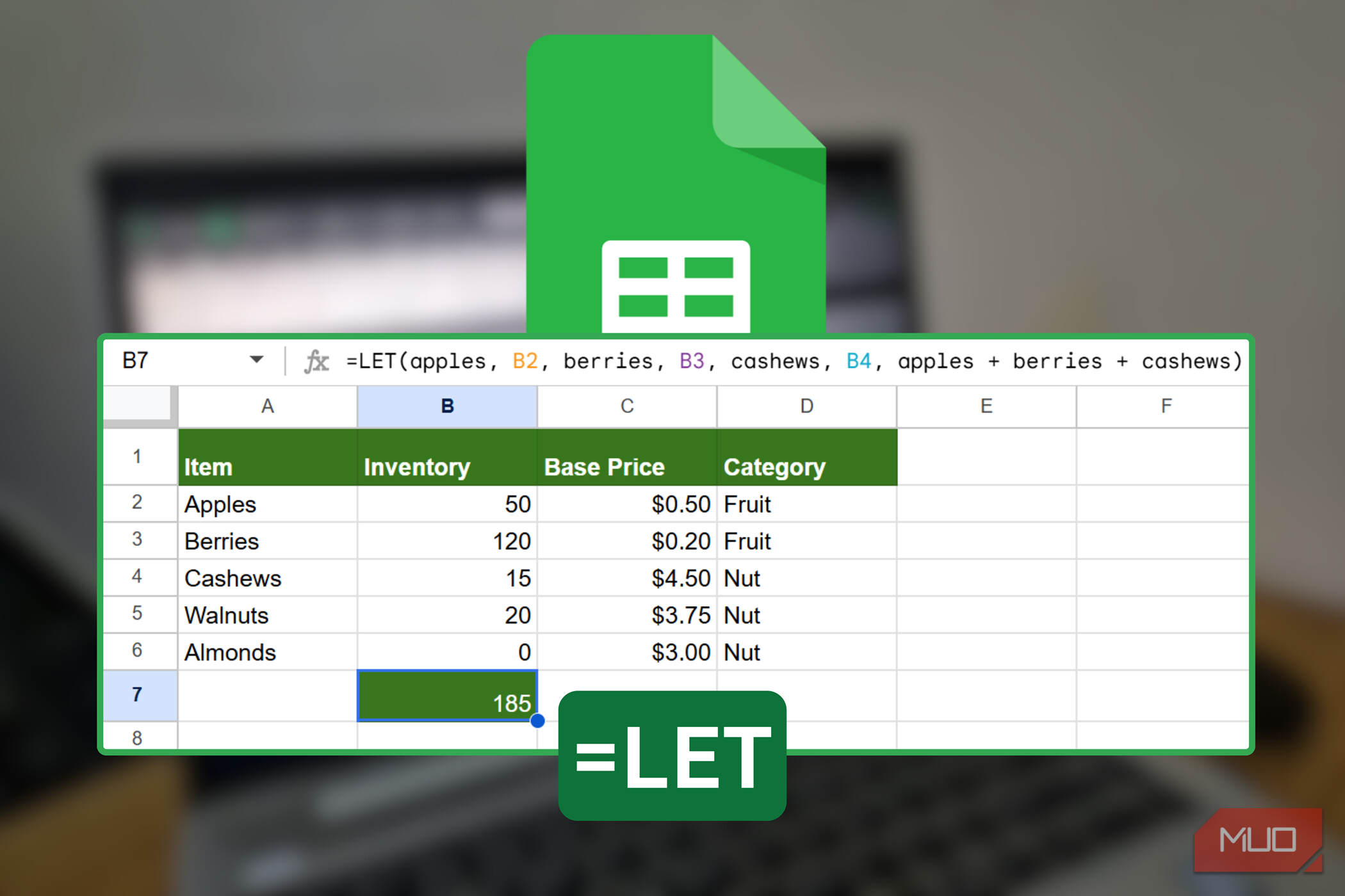 A spreadsheet with LET in block letters and the Google Sheets logo all layed ontop a blurred laptop.
