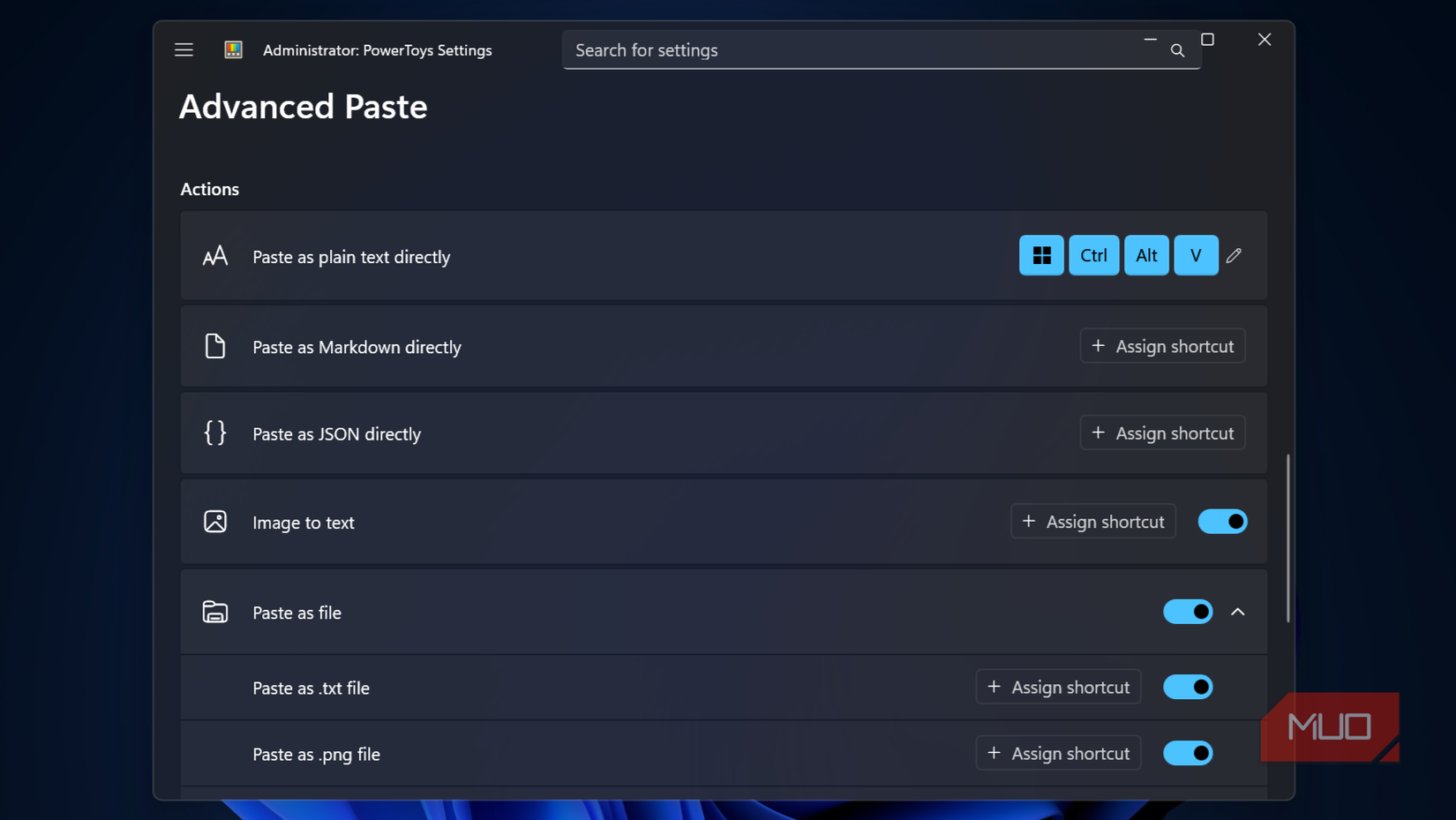 Configuración de activación de Pegado Avanzado en PowerToys.