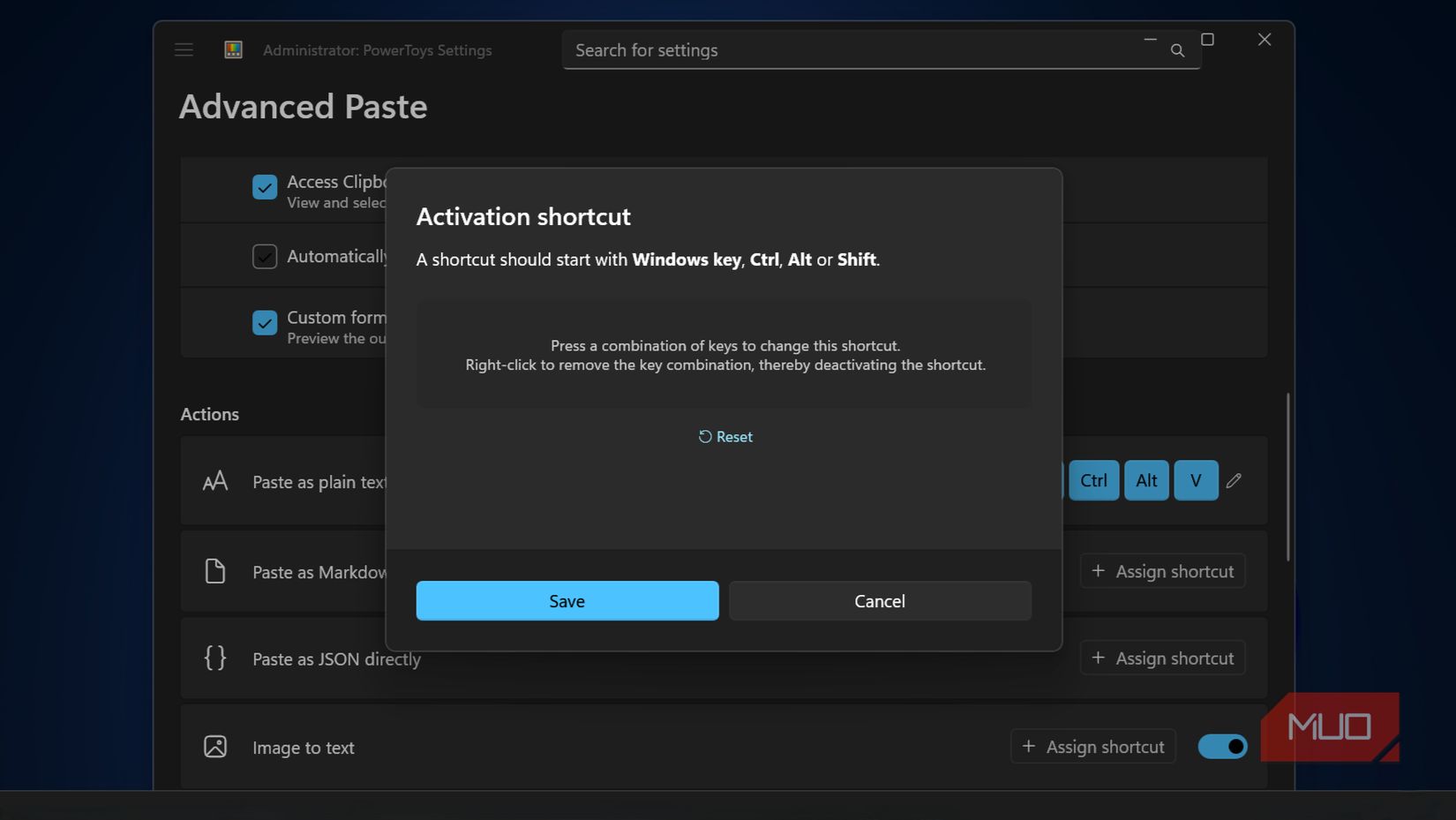 Cuadro de diálogo de acceso directo de activación en PowerToys.