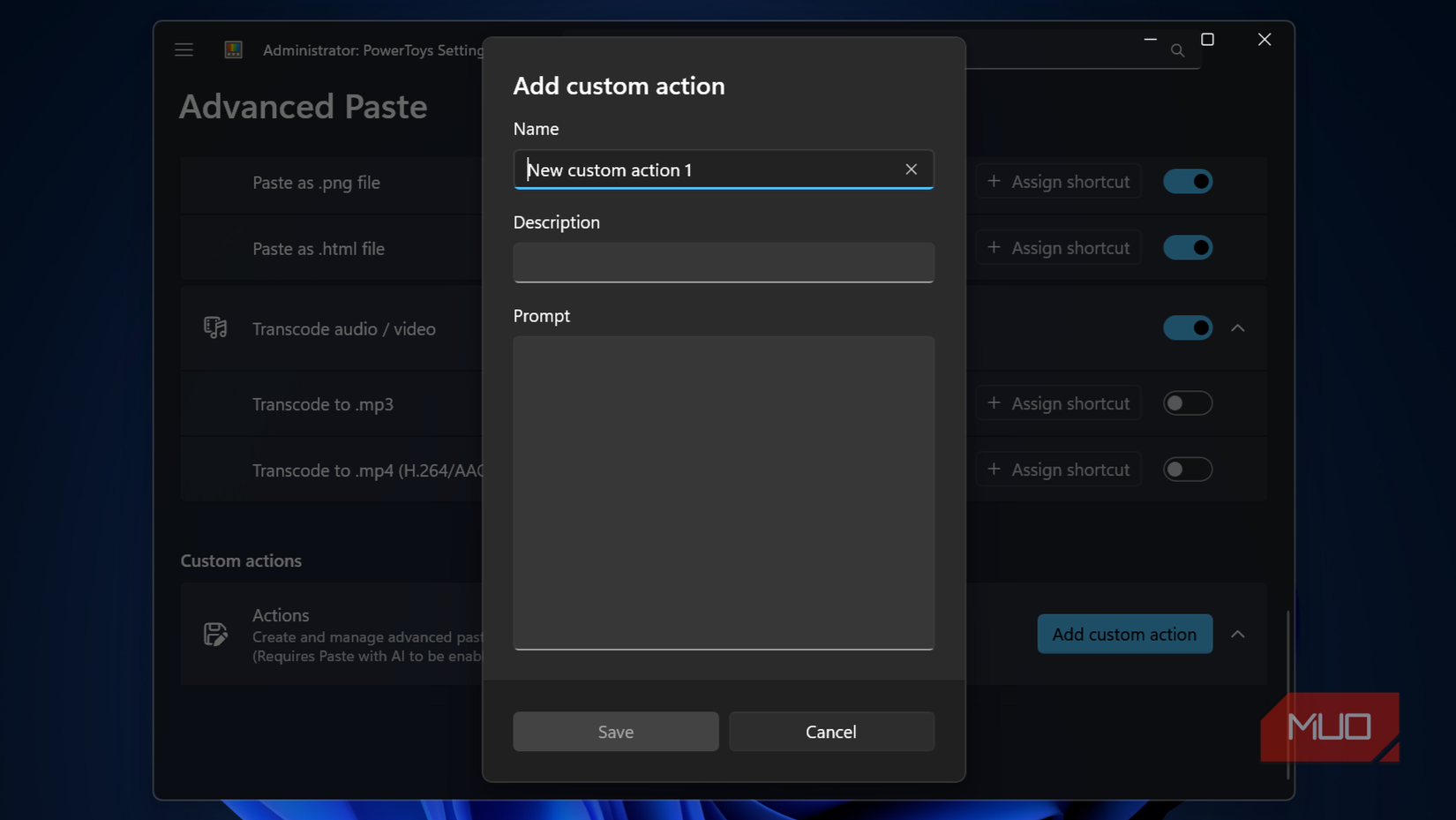 Agregar cuadro de diálogo de acción personalizada en PowerToys.