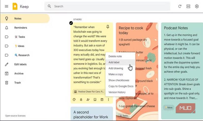 Adding labels in Google Keep