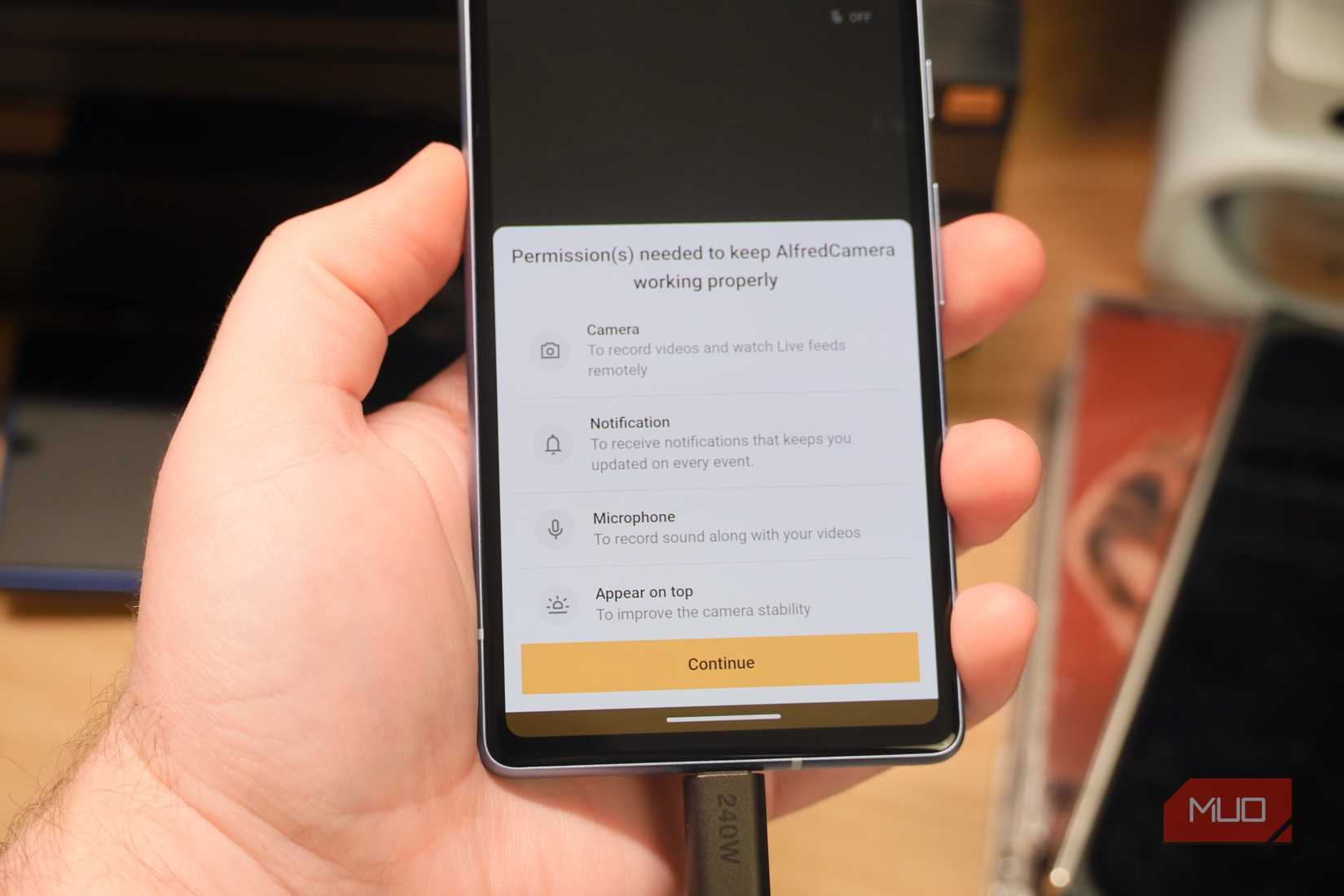 Giving permissions to Alfred Camera on an Android device.
