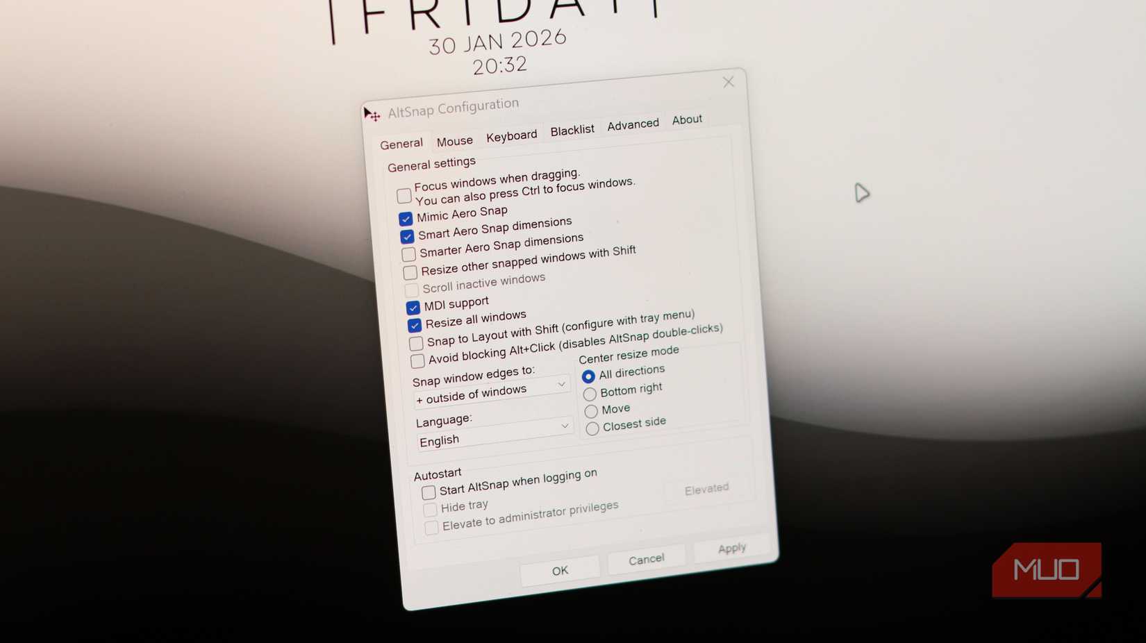 پنل پیکربندی Altsnap در ویندوز ۱۱.