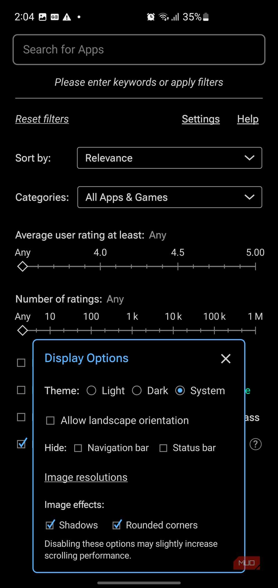 App Finder display options menu allowing users to toggle themes, landscape orientation, and UI elements.