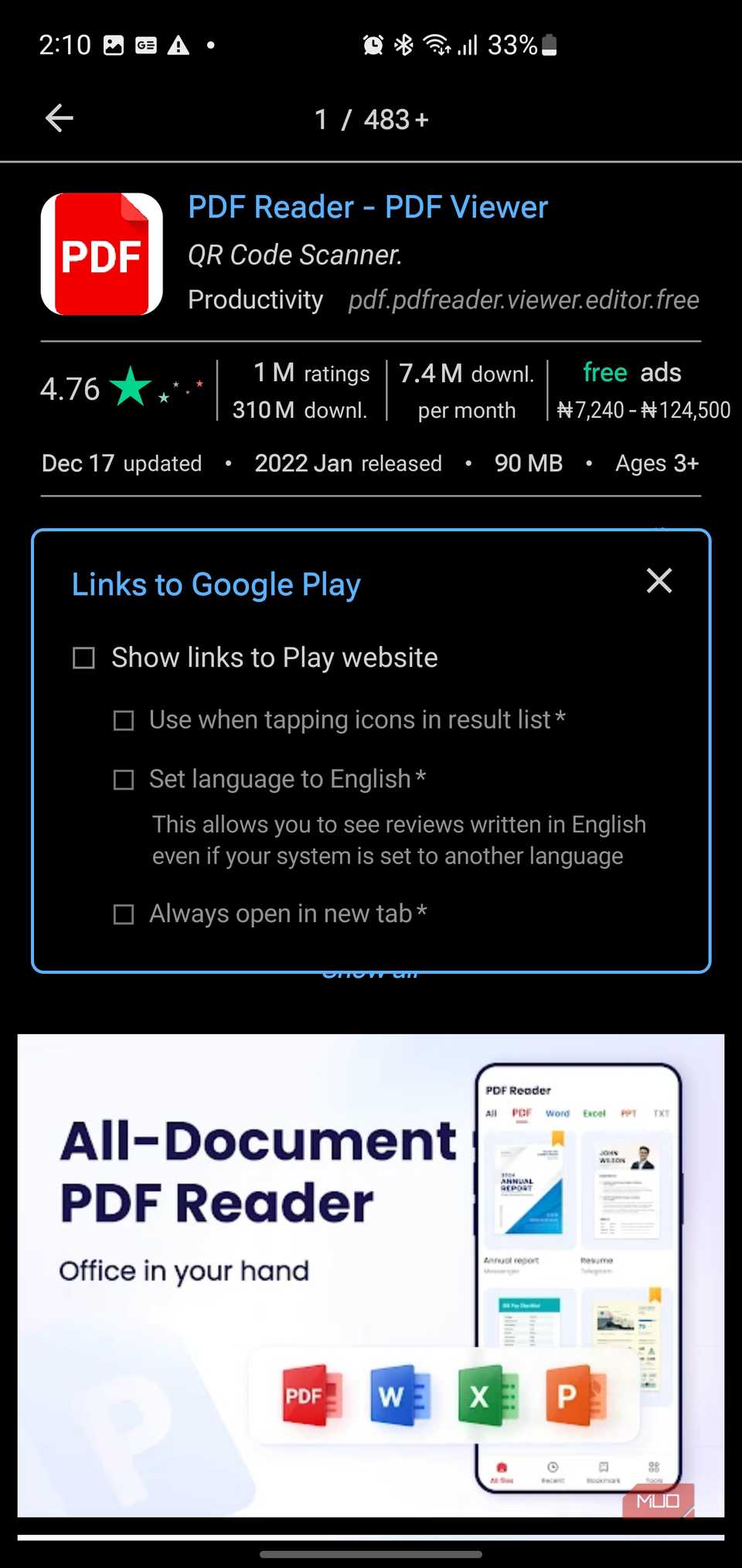 App Finder Links to Google Play menu with options to show web links or open directly in the Play Store app.