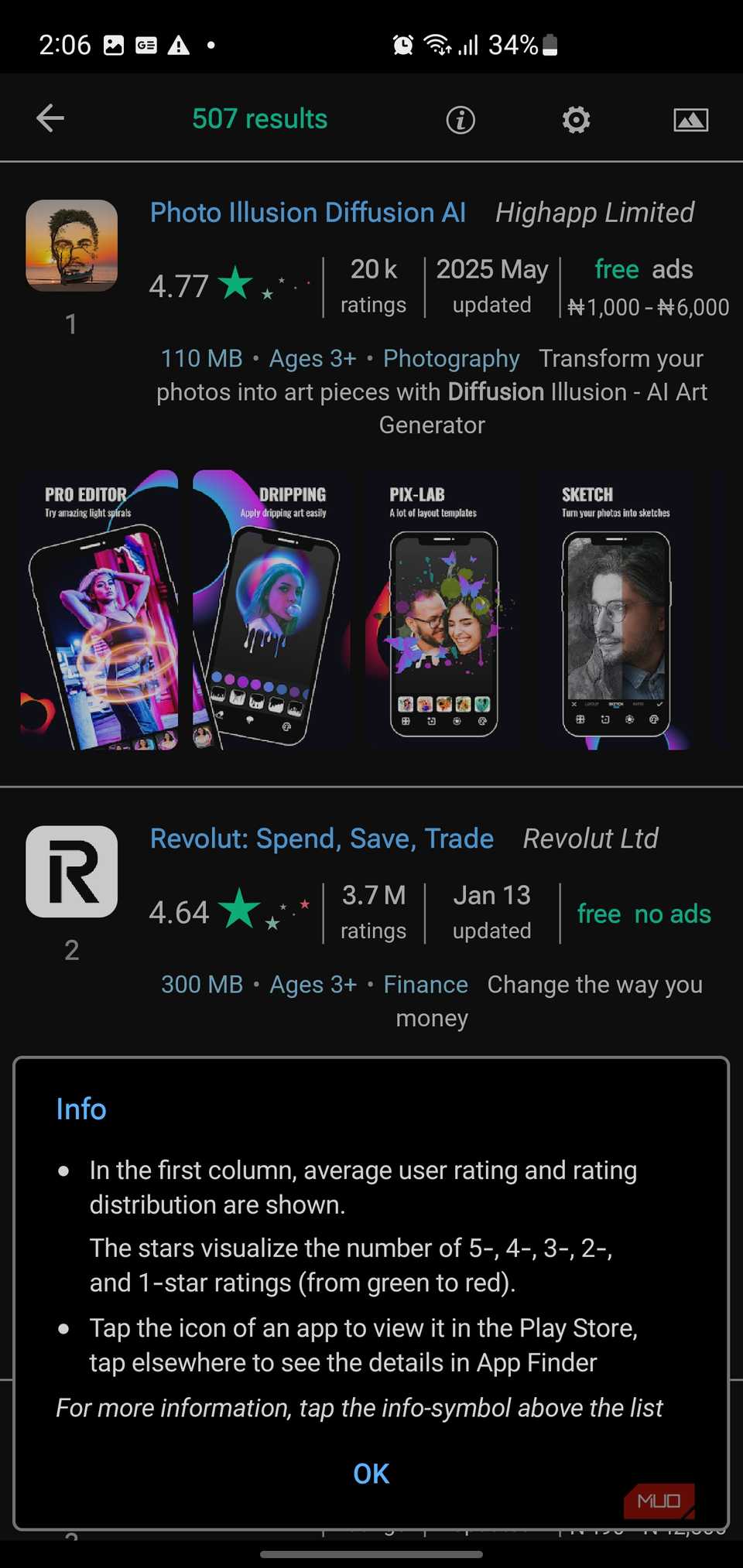 App Finder search results showing an info popup explaining the color-coded rating distribution bars.