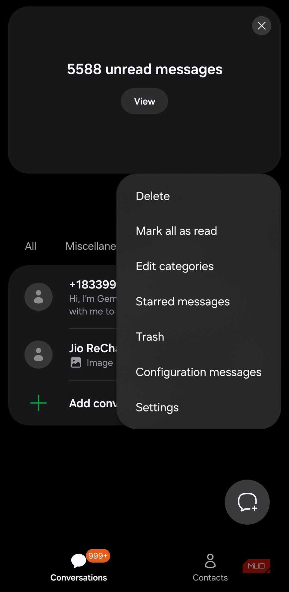 App menu in Samsung Messages