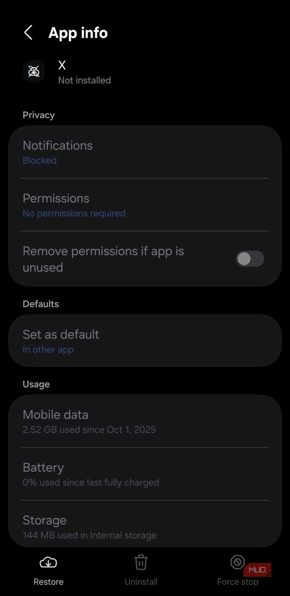 Archived X app info page on Android