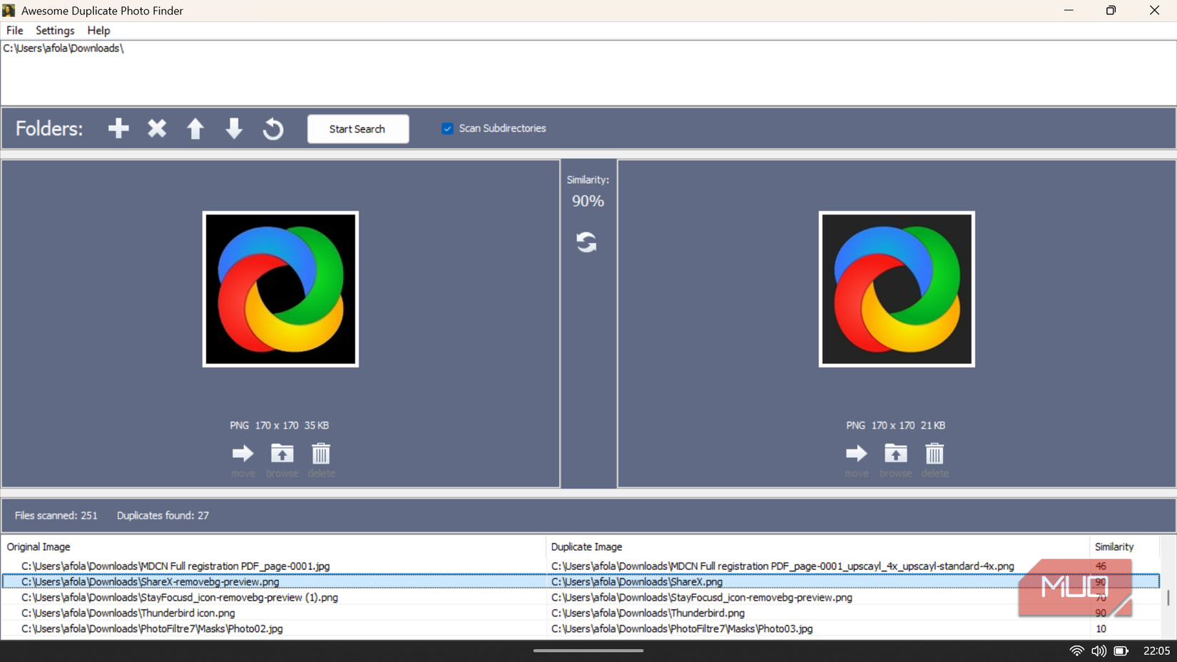 Awesome Duplicate Photo Finder interface showing a side-by-side comparison of duplicate images with a 90% similarity score.