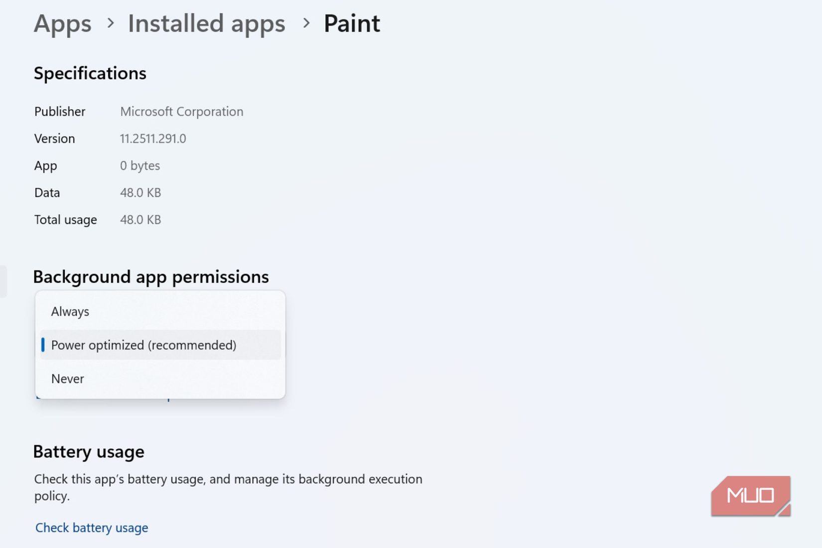 Background app permissions menu for Installed apps on Windows 11