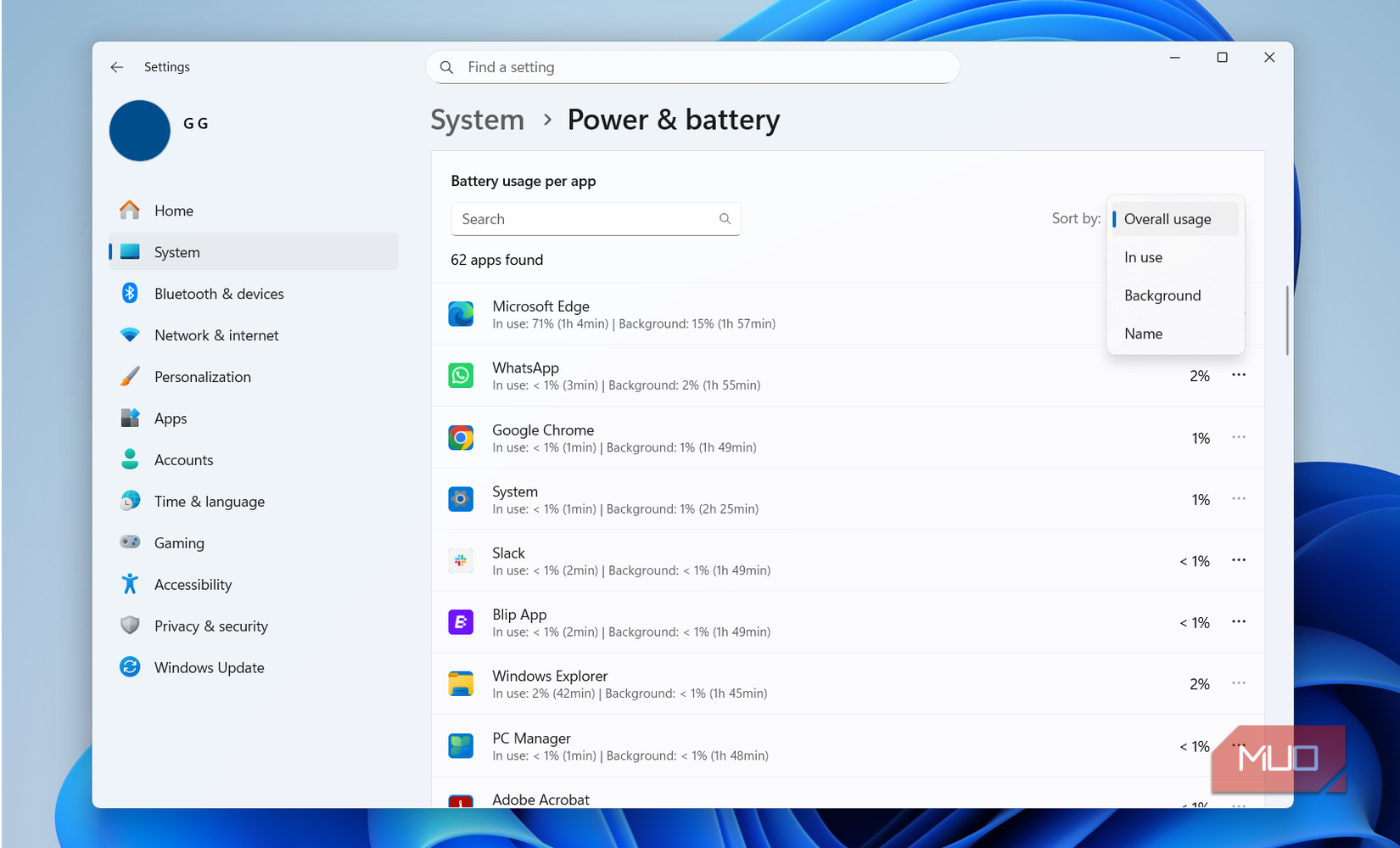 Battery usage menu on Windows 11