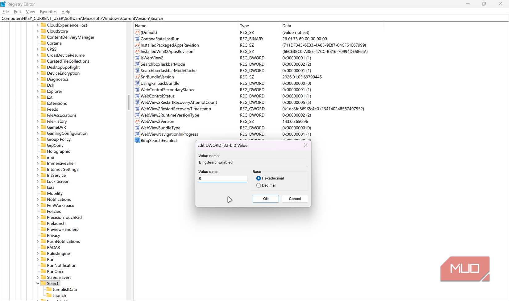 Bing search disable registry key in Windows 11.