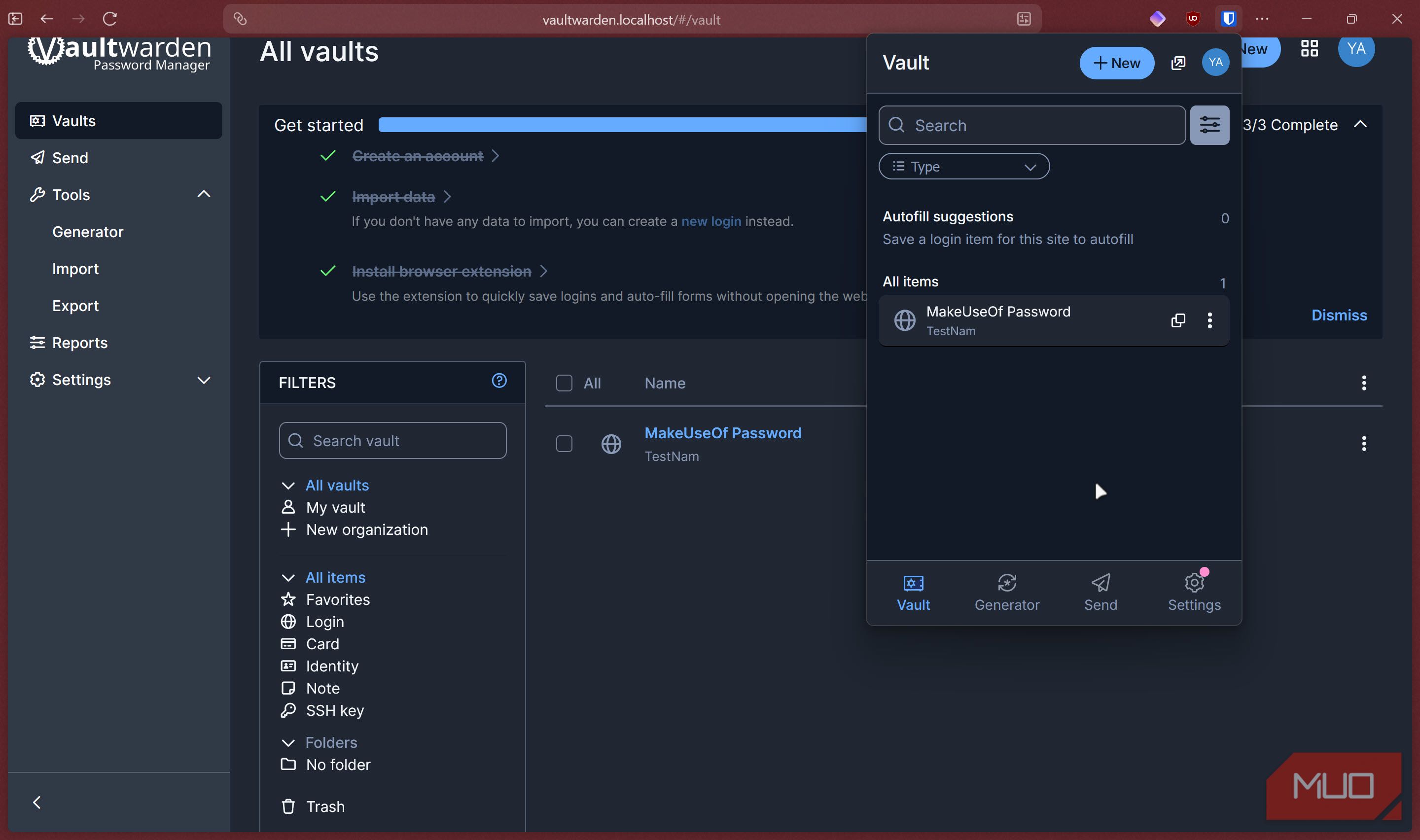 Bitwarden browser extension running with vaultwarden
