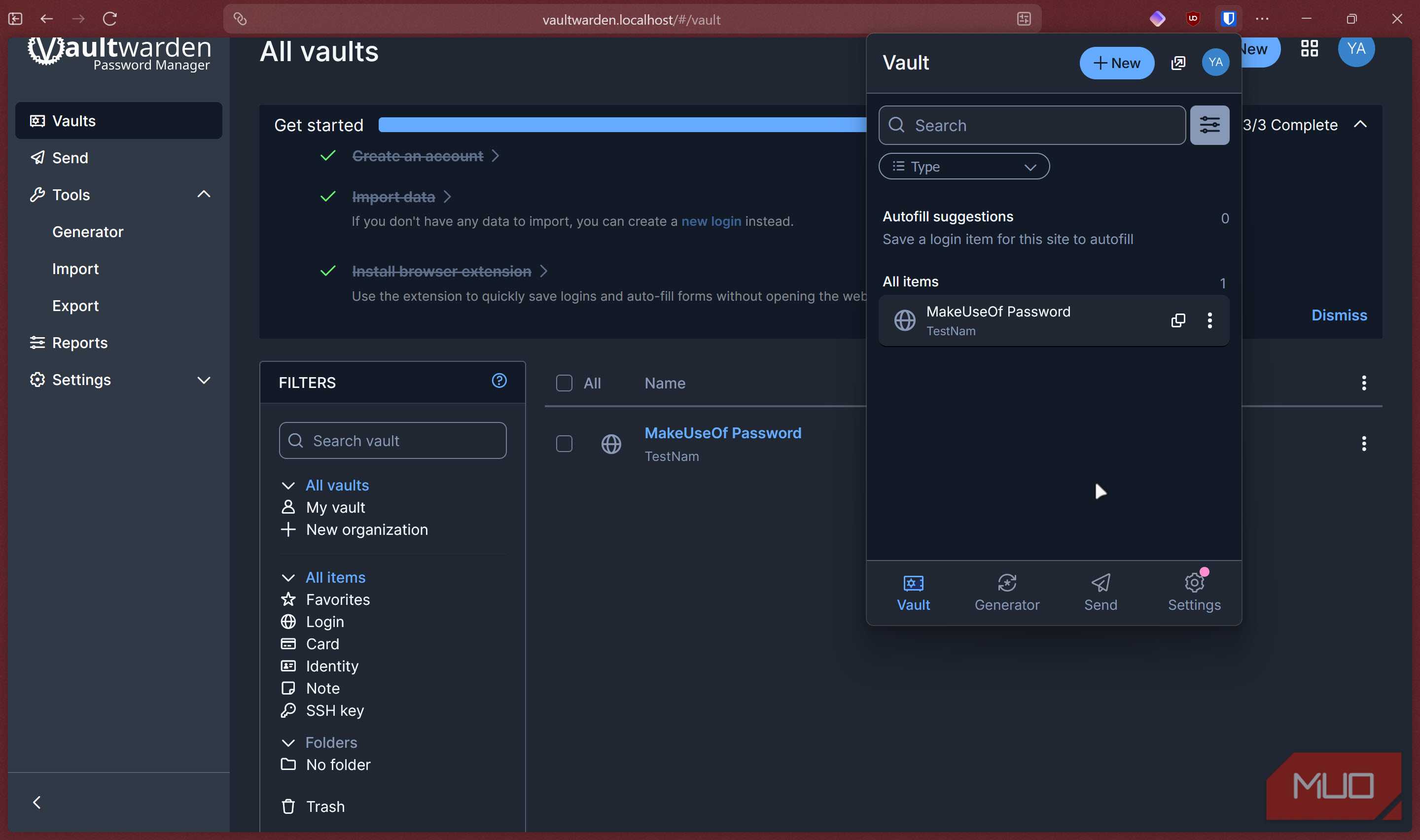 Bitwarden browser extension running with vaultwarden