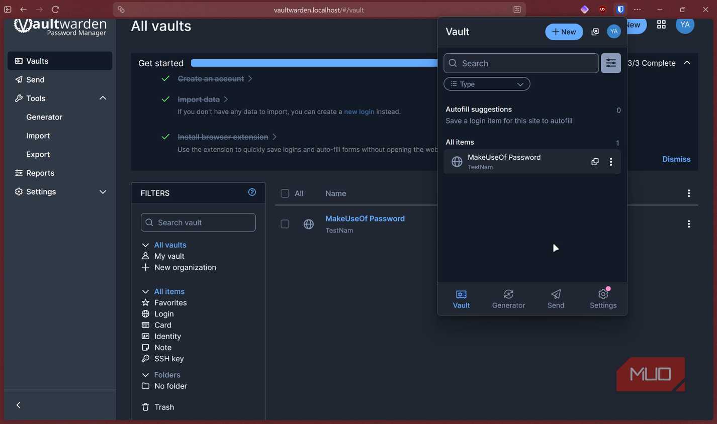 Bitwarden browser extension running with vaultwarden