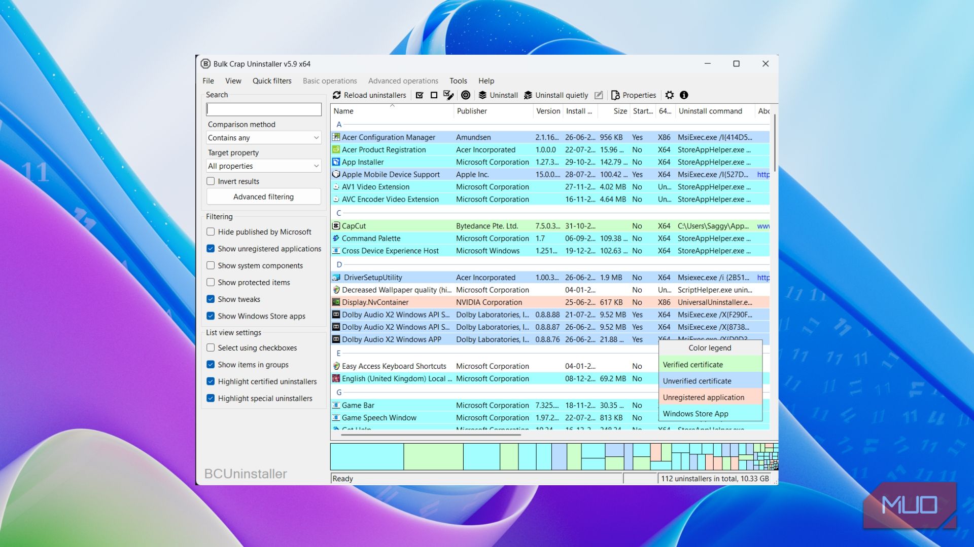 The main Bulk Crap Uninstaller interface displaying the list of installed applications and color legend