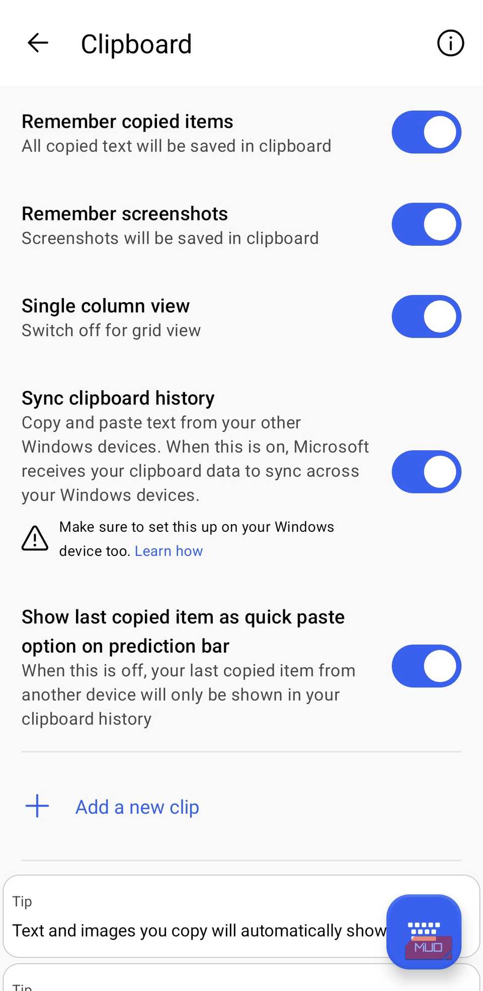 Clipboard settings on SwiftKey