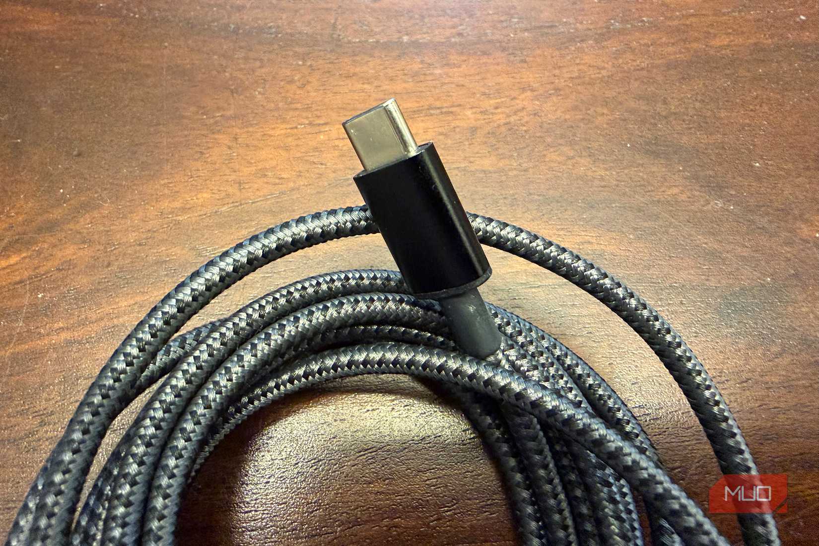 Close-up of a braided USB-C cable.
