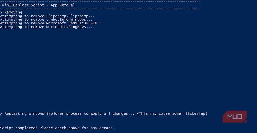 Completando la eliminación con opciones predeterminadas