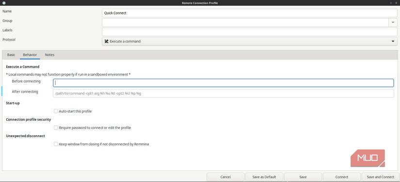 Configuring connection behavior on Remmina