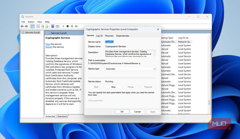 Cryptographic service properties on PC