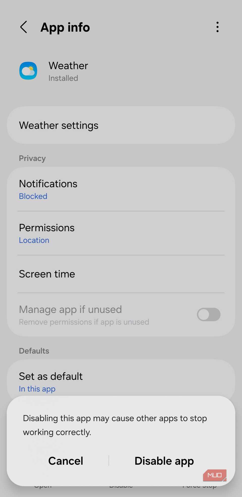 Deshabilitar la información de la aplicación Weather en el teléfono Galaxy