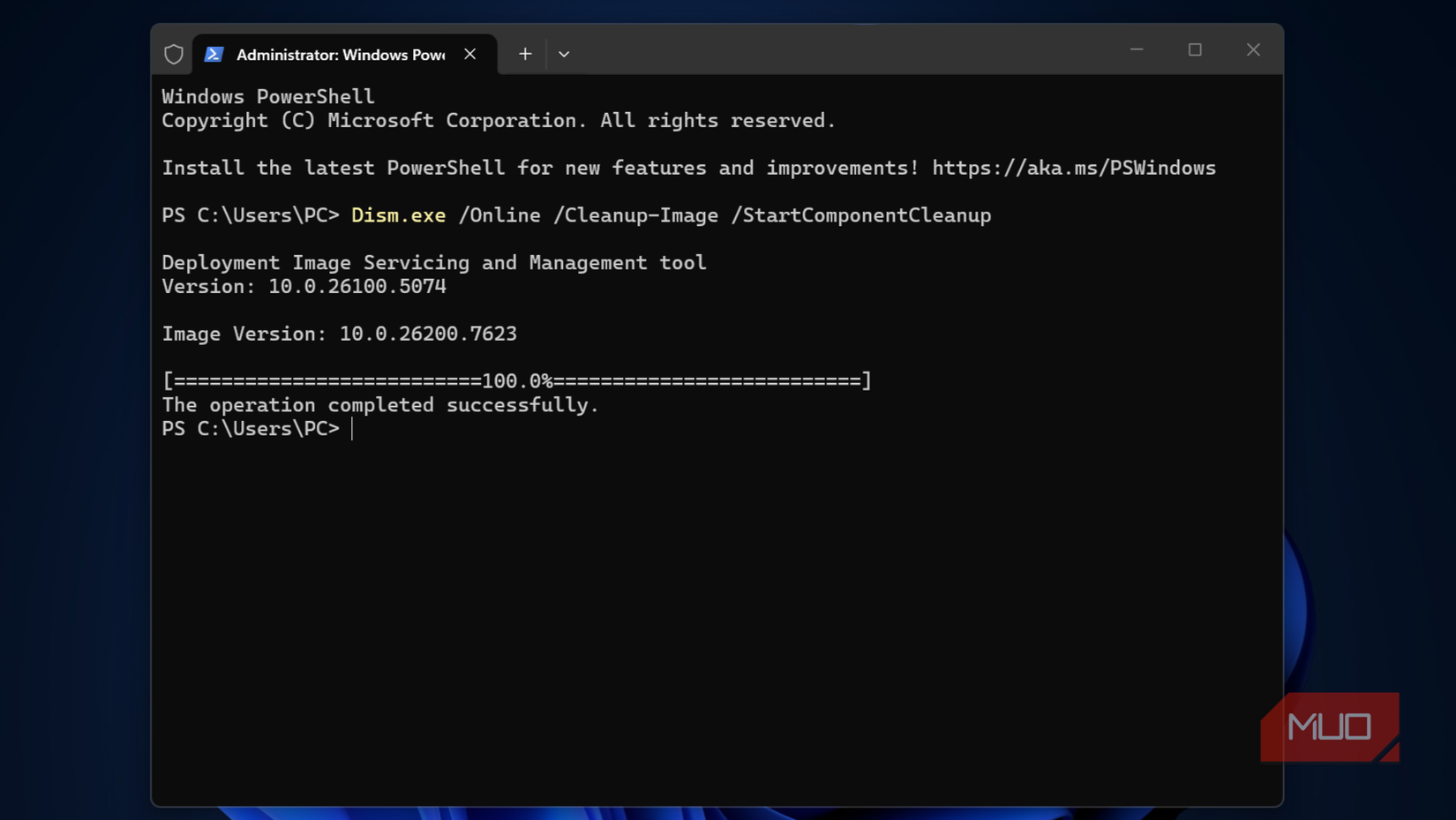 কম্পোনেন্ট ক্লিনআপ শুরু করতে উইন্ডোজ টার্মিনালে DISM কমান্ড।