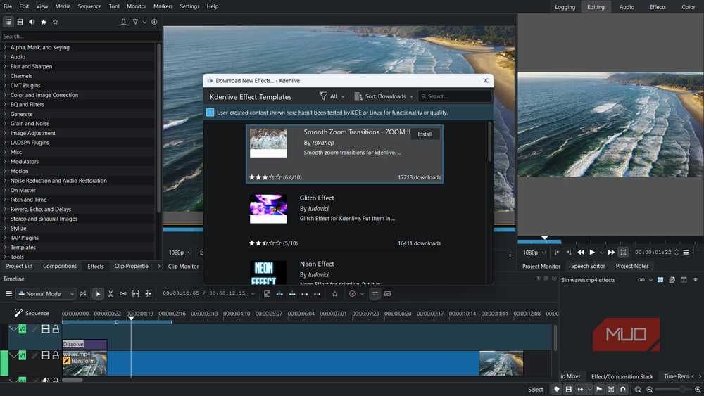 Kdenlive supports downloadable effects to extend its capabilities