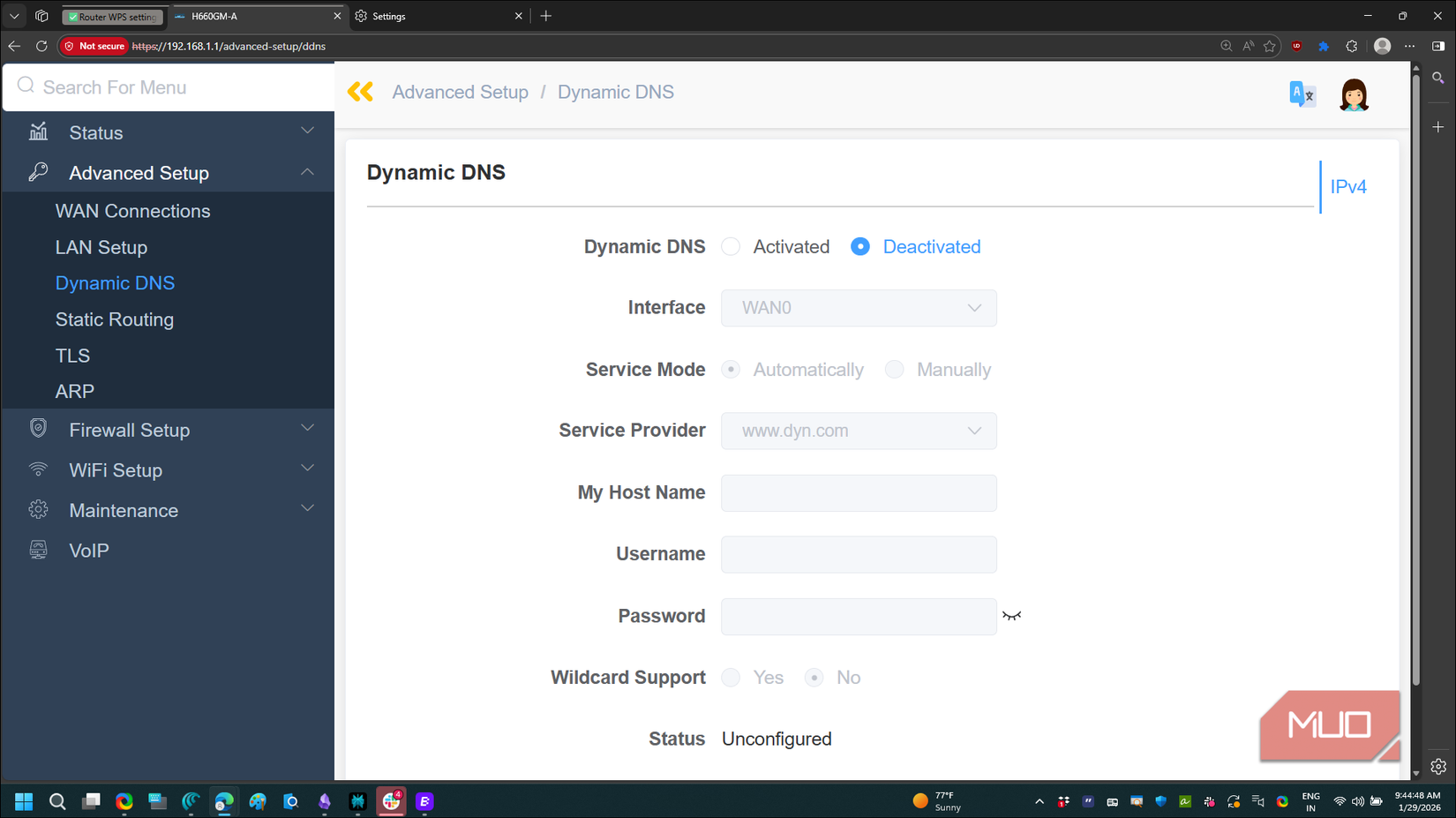 زبانه Dynamic DNS باز در پنل ادمین روتر مقاله